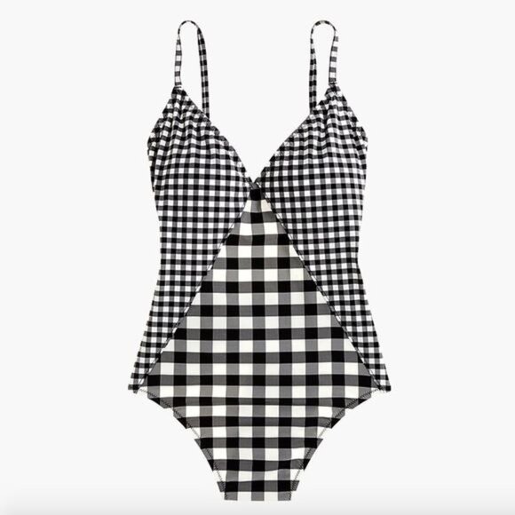 J Crew Deep V neck One piece Swimsuit Black and Ivory Gingham Size 8 and 10 NWT - Picture 1 of 7